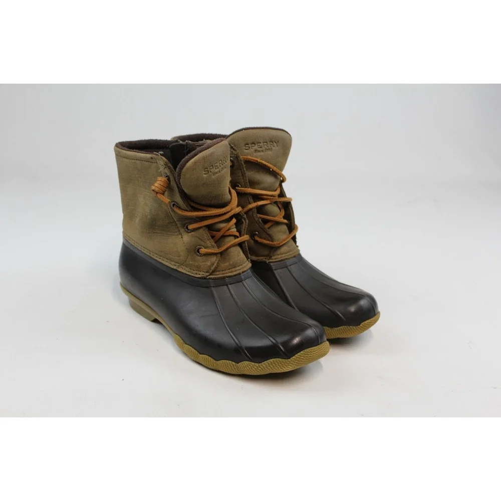 Sperry Saltwater Waterproof Duck Boots Brown Olive Green STS99729 Womens 8 M